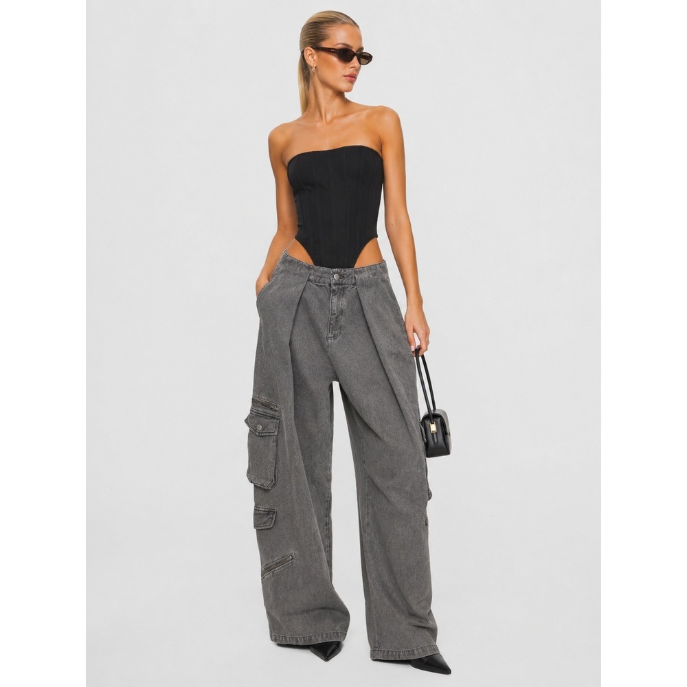 Zara Gray Cotton Linen Multi Pocket Cargo 90s Pants Wide Leg M 28